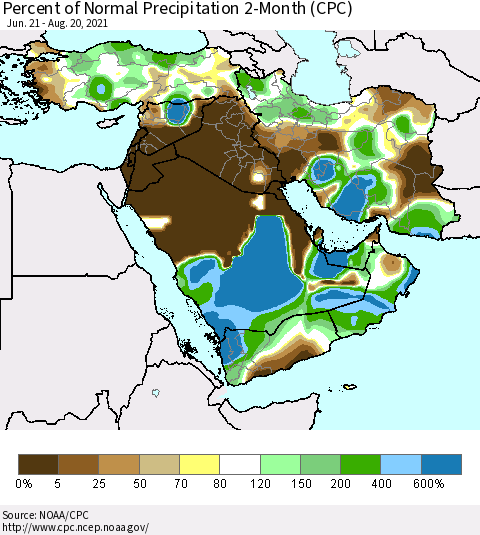 Middle East and Turkey Percent of Normal Precipitation 2-Month (CPC) Thematic Map For 6/21/2021 - 8/20/2021