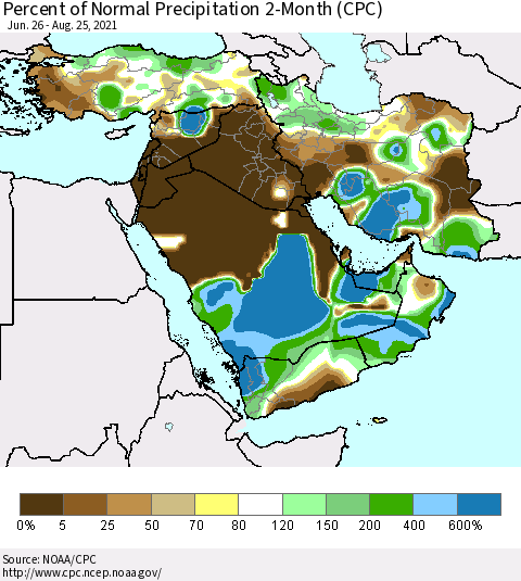 Middle East and Turkey Percent of Normal Precipitation 2-Month (CPC) Thematic Map For 6/26/2021 - 8/25/2021