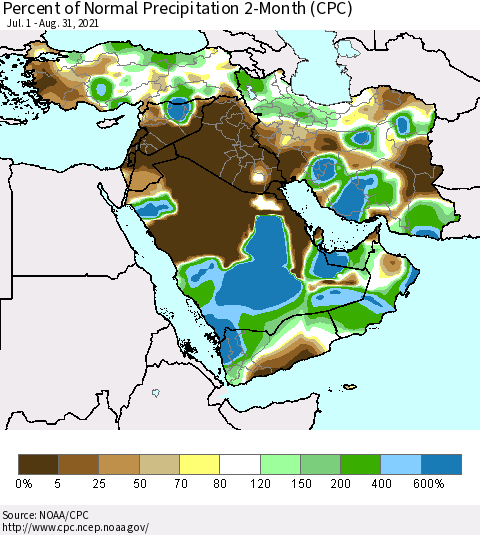 Middle East and Turkey Percent of Normal Precipitation 2-Month (CPC) Thematic Map For 7/1/2021 - 8/31/2021