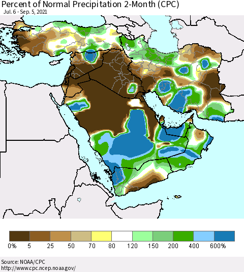 Middle East and Turkey Percent of Normal Precipitation 2-Month (CPC) Thematic Map For 7/6/2021 - 9/5/2021