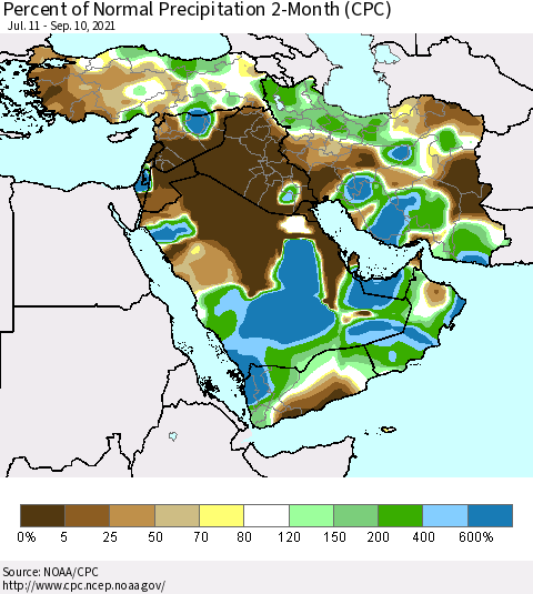 Middle East and Turkey Percent of Normal Precipitation 2-Month (CPC) Thematic Map For 7/11/2021 - 9/10/2021