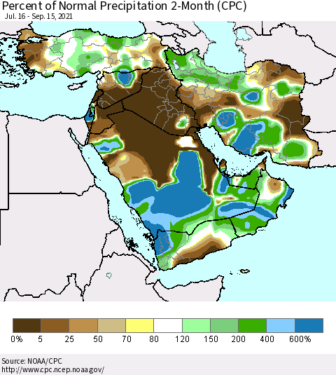 Middle East and Turkey Percent of Normal Precipitation 2-Month (CPC) Thematic Map For 7/16/2021 - 9/15/2021