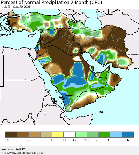 Middle East and Turkey Percent of Normal Precipitation 2-Month (CPC) Thematic Map For 7/21/2021 - 9/20/2021