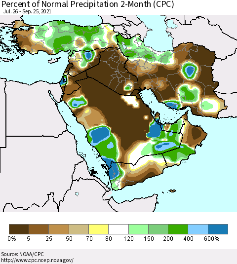 Middle East and Turkey Percent of Normal Precipitation 2-Month (CPC) Thematic Map For 7/26/2021 - 9/25/2021