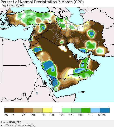 Middle East and Turkey Percent of Normal Precipitation 2-Month (CPC) Thematic Map For 8/1/2021 - 9/30/2021
