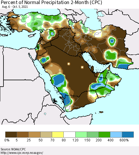 Middle East and Turkey Percent of Normal Precipitation 2-Month (CPC) Thematic Map For 8/6/2021 - 10/5/2021