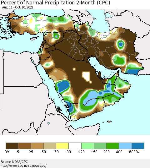 Middle East and Turkey Percent of Normal Precipitation 2-Month (CPC) Thematic Map For 8/11/2021 - 10/10/2021