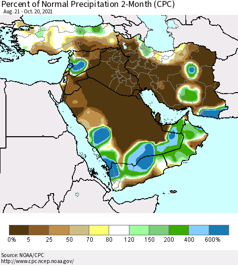 Middle East and Turkey Percent of Normal Precipitation 2-Month (CPC) Thematic Map For 8/21/2021 - 10/20/2021