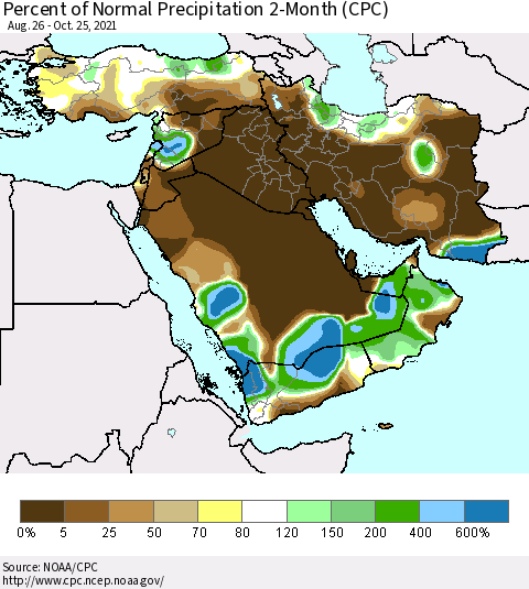 Middle East and Turkey Percent of Normal Precipitation 2-Month (CPC) Thematic Map For 8/26/2021 - 10/25/2021