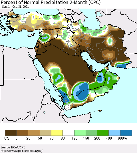 Middle East and Turkey Percent of Normal Precipitation 2-Month (CPC) Thematic Map For 9/1/2021 - 10/31/2021