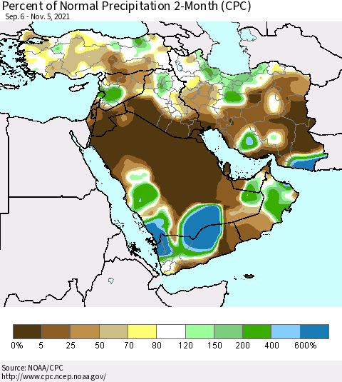 Middle East and Turkey Percent of Normal Precipitation 2-Month (CPC) Thematic Map For 9/6/2021 - 11/5/2021