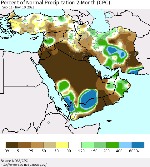 Middle East and Turkey Percent of Normal Precipitation 2-Month (CPC) Thematic Map For 9/11/2021 - 11/10/2021