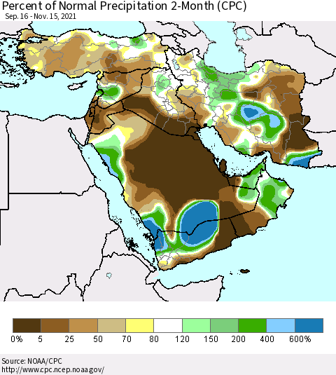 Middle East and Turkey Percent of Normal Precipitation 2-Month (CPC) Thematic Map For 9/16/2021 - 11/15/2021