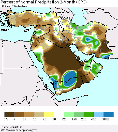 Middle East and Turkey Percent of Normal Precipitation 2-Month (CPC) Thematic Map For 9/21/2021 - 11/20/2021