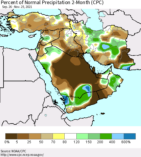 Middle East and Turkey Percent of Normal Precipitation 2-Month (CPC) Thematic Map For 9/26/2021 - 11/25/2021