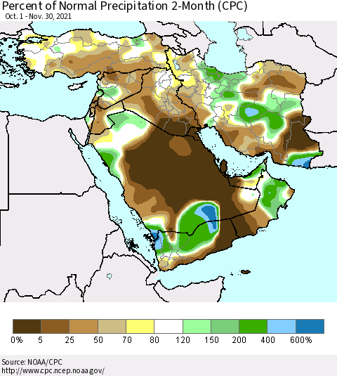 Middle East and Turkey Percent of Normal Precipitation 2-Month (CPC) Thematic Map For 10/1/2021 - 11/30/2021
