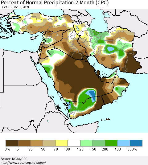 Middle East and Turkey Percent of Normal Precipitation 2-Month (CPC) Thematic Map For 10/6/2021 - 12/5/2021
