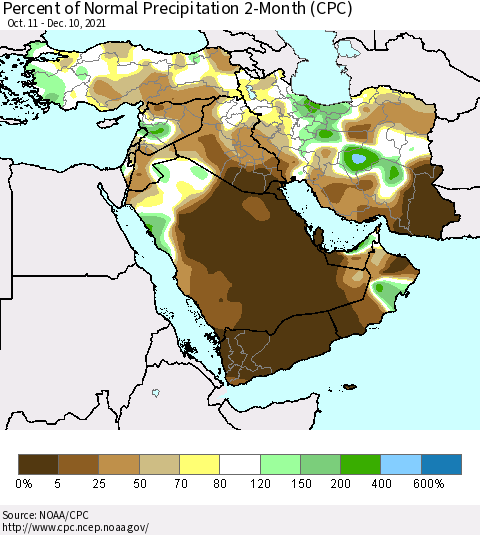 Middle East and Turkey Percent of Normal Precipitation 2-Month (CPC) Thematic Map For 10/11/2021 - 12/10/2021