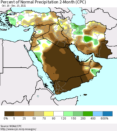 Middle East and Turkey Percent of Normal Precipitation 2-Month (CPC) Thematic Map For 10/16/2021 - 12/15/2021