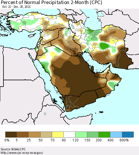 Middle East and Turkey Percent of Normal Precipitation 2-Month (CPC) Thematic Map For 10/21/2021 - 12/20/2021