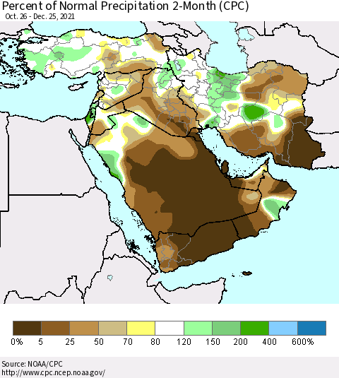 Middle East and Turkey Percent of Normal Precipitation 2-Month (CPC) Thematic Map For 10/26/2021 - 12/25/2021