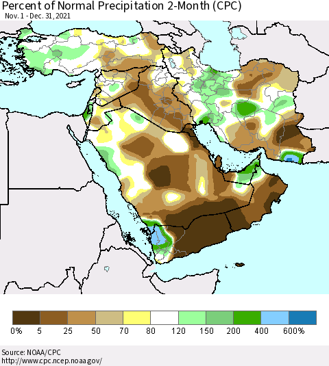 Middle East and Turkey Percent of Normal Precipitation 2-Month (CPC) Thematic Map For 11/1/2021 - 12/31/2021
