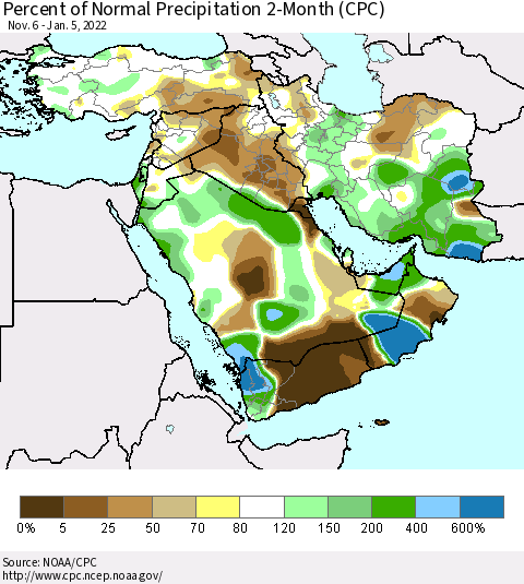 Middle East and Turkey Percent of Normal Precipitation 2-Month (CPC) Thematic Map For 11/6/2021 - 1/5/2022