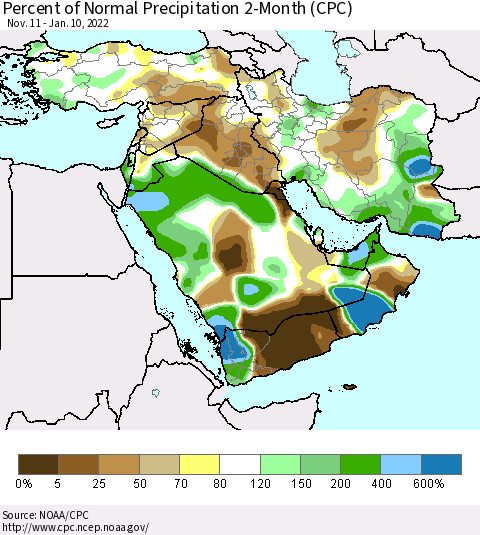 Middle East and Turkey Percent of Normal Precipitation 2-Month (CPC) Thematic Map For 11/11/2021 - 1/10/2022