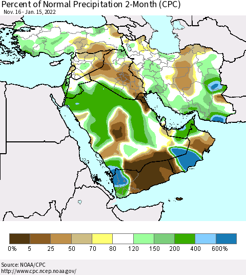 Middle East and Turkey Percent of Normal Precipitation 2-Month (CPC) Thematic Map For 11/16/2021 - 1/15/2022