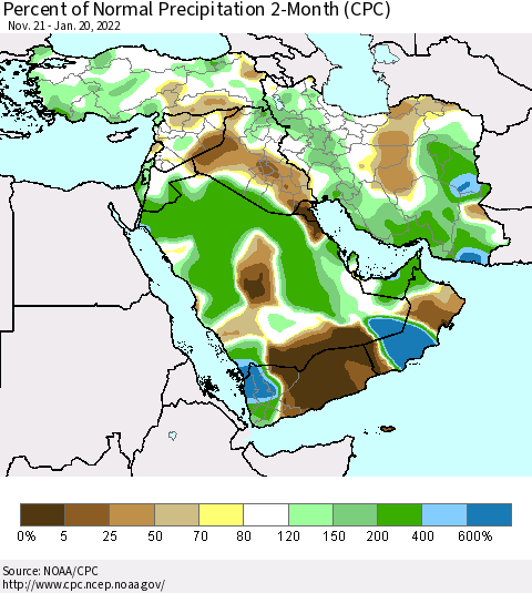 Middle East and Turkey Percent of Normal Precipitation 2-Month (CPC) Thematic Map For 11/21/2021 - 1/20/2022