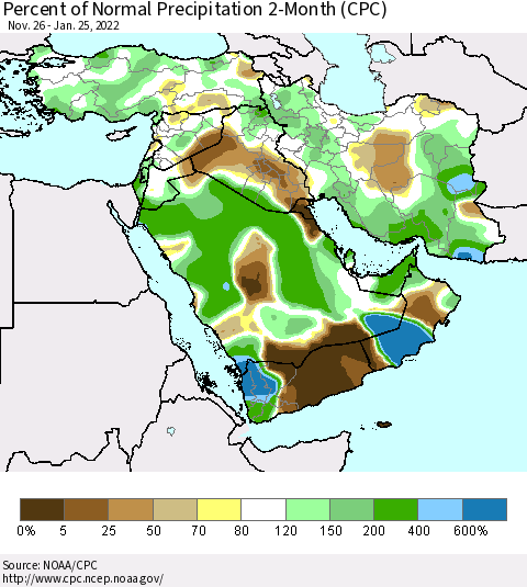 Middle East and Turkey Percent of Normal Precipitation 2-Month (CPC) Thematic Map For 11/26/2021 - 1/25/2022