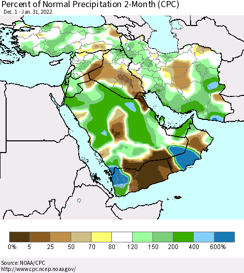 Middle East and Turkey Percent of Normal Precipitation 2-Month (CPC) Thematic Map For 12/1/2021 - 1/31/2022