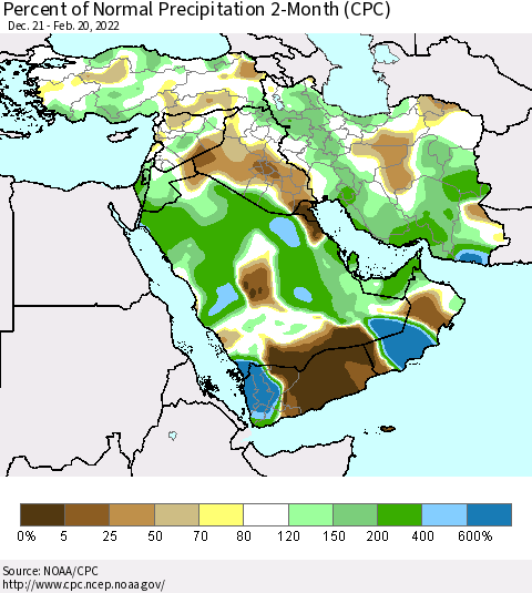 Middle East and Turkey Percent of Normal Precipitation 2-Month (CPC) Thematic Map For 12/21/2021 - 2/20/2022