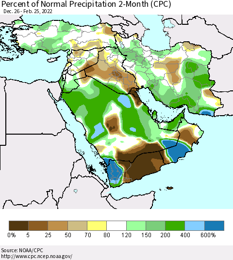 Middle East and Turkey Percent of Normal Precipitation 2-Month (CPC) Thematic Map For 12/26/2021 - 2/25/2022
