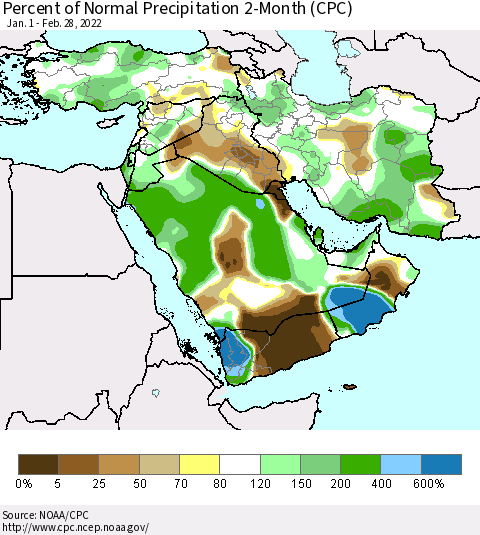 Middle East and Turkey Percent of Normal Precipitation 2-Month (CPC) Thematic Map For 1/1/2022 - 2/28/2022