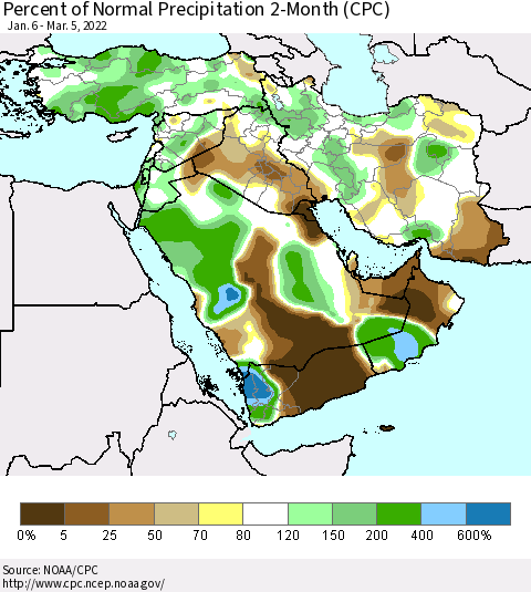 Middle East and Turkey Percent of Normal Precipitation 2-Month (CPC) Thematic Map For 1/6/2022 - 3/5/2022