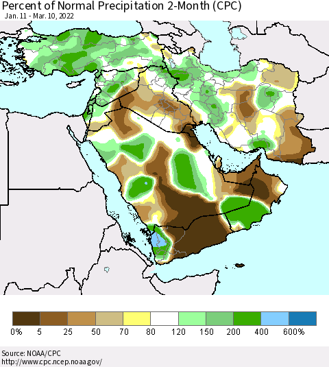 Middle East and Turkey Percent of Normal Precipitation 2-Month (CPC) Thematic Map For 1/11/2022 - 3/10/2022