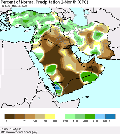 Middle East and Turkey Percent of Normal Precipitation 2-Month (CPC) Thematic Map For 1/16/2022 - 3/15/2022