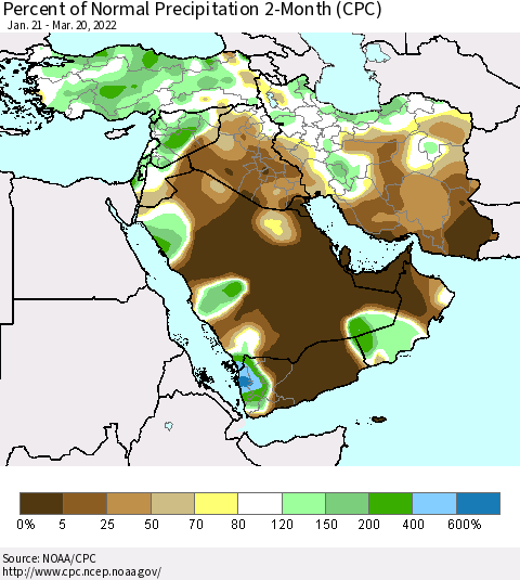 Middle East and Turkey Percent of Normal Precipitation 2-Month (CPC) Thematic Map For 1/21/2022 - 3/20/2022