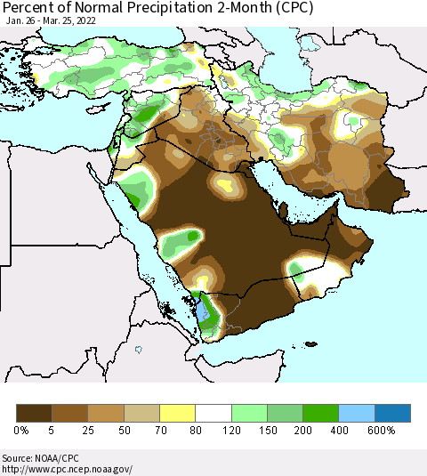 Middle East and Turkey Percent of Normal Precipitation 2-Month (CPC) Thematic Map For 1/26/2022 - 3/25/2022
