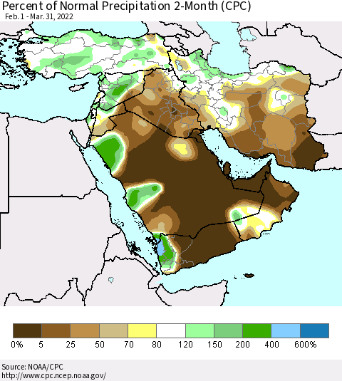 Middle East and Turkey Percent of Normal Precipitation 2-Month (CPC) Thematic Map For 2/1/2022 - 3/31/2022