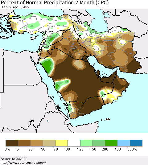Middle East and Turkey Percent of Normal Precipitation 2-Month (CPC) Thematic Map For 2/6/2022 - 4/5/2022