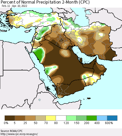 Middle East and Turkey Percent of Normal Precipitation 2-Month (CPC) Thematic Map For 2/11/2022 - 4/10/2022