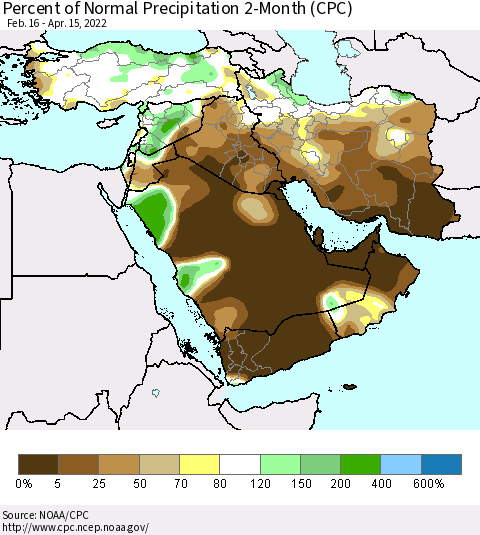 Middle East and Turkey Percent of Normal Precipitation 2-Month (CPC) Thematic Map For 2/16/2022 - 4/15/2022