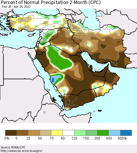 Middle East and Turkey Percent of Normal Precipitation 2-Month (CPC) Thematic Map For 2/26/2022 - 4/25/2022