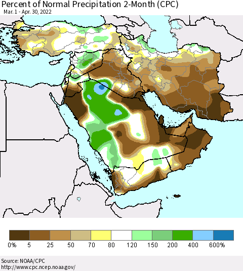 Middle East and Turkey Percent of Normal Precipitation 2-Month (CPC) Thematic Map For 3/1/2022 - 4/30/2022