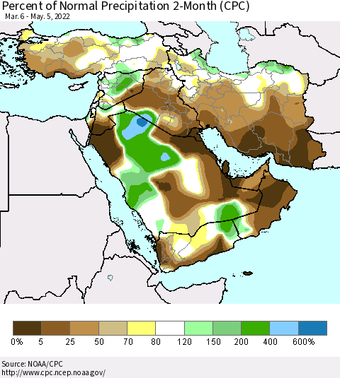 Middle East and Turkey Percent of Normal Precipitation 2-Month (CPC) Thematic Map For 3/6/2022 - 5/5/2022