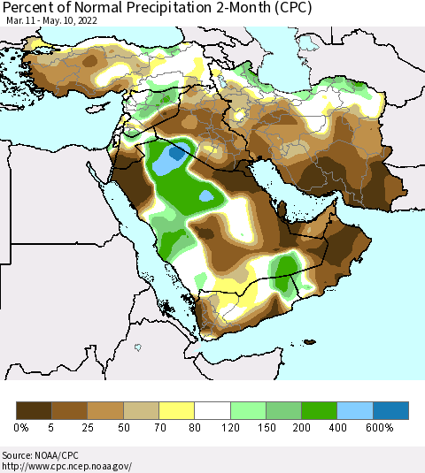 Middle East and Turkey Percent of Normal Precipitation 2-Month (CPC) Thematic Map For 3/11/2022 - 5/10/2022