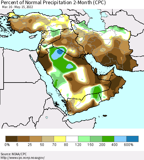 Middle East and Turkey Percent of Normal Precipitation 2-Month (CPC) Thematic Map For 3/16/2022 - 5/15/2022