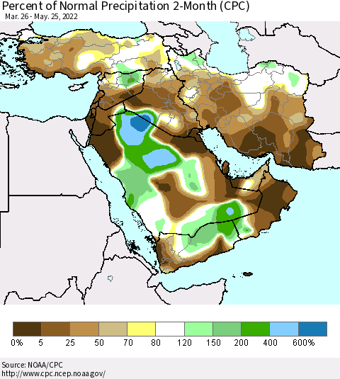 Middle East and Turkey Percent of Normal Precipitation 2-Month (CPC) Thematic Map For 3/26/2022 - 5/25/2022
